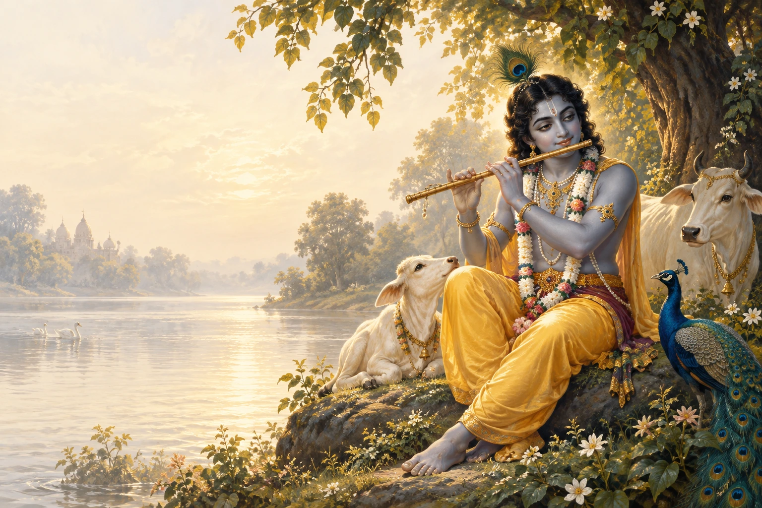 Krishna playing His flute beneath a tree beside the Yamuna river.